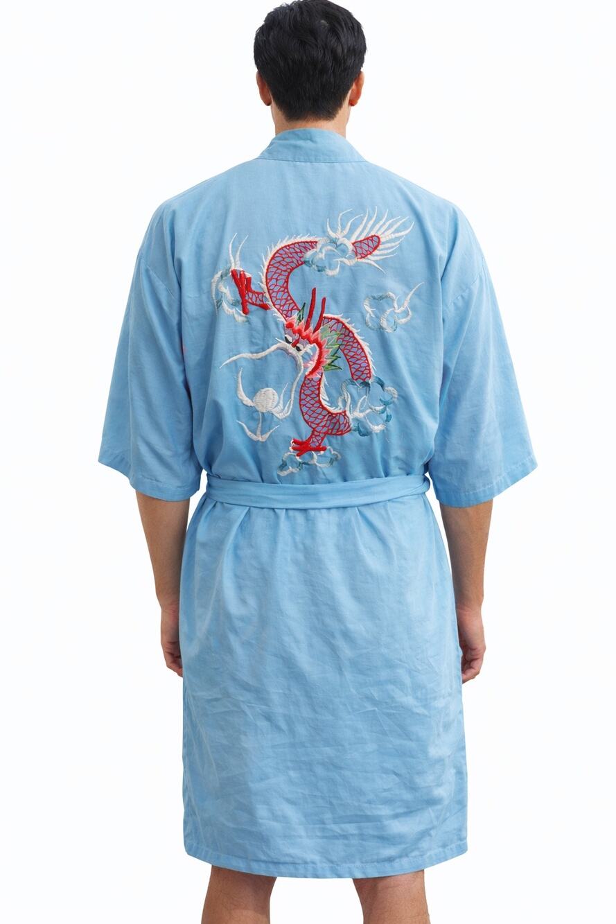 1980s Health Blue Dragon Embroidered Kimono Robe Jacket Belted Unisex size Large